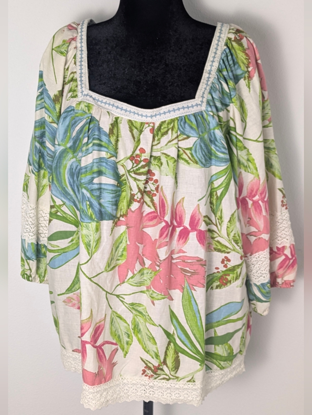 Nicole Miller Sz 1X Linen Blend Tropical Print 3/4 Puff Sleeve Lace Tunic Top